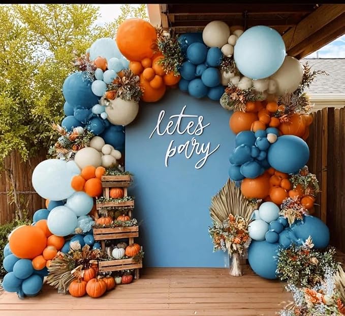 Blue Orange Balloon Arch Double Stuffed Latex Orange Sand White Balloons Light Blue White Balloon Garland for Birthday Fall Baby Shower Thanksgiving Harvest Autumn Home Decor