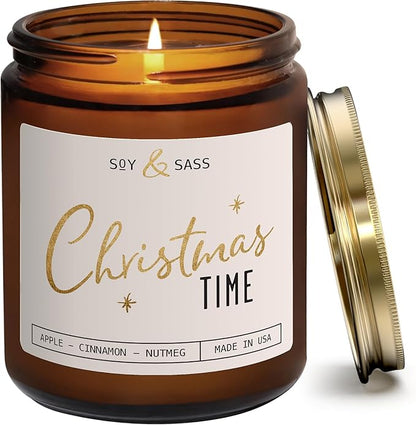 Christmas Candles Scented – ‘Christmas Time’ Soy Christmas Candle, w/Apple, Cinnamon, Clove - Infused with Essential Oils I Holiday Candles I 9oz, 50Hr, Made in USA