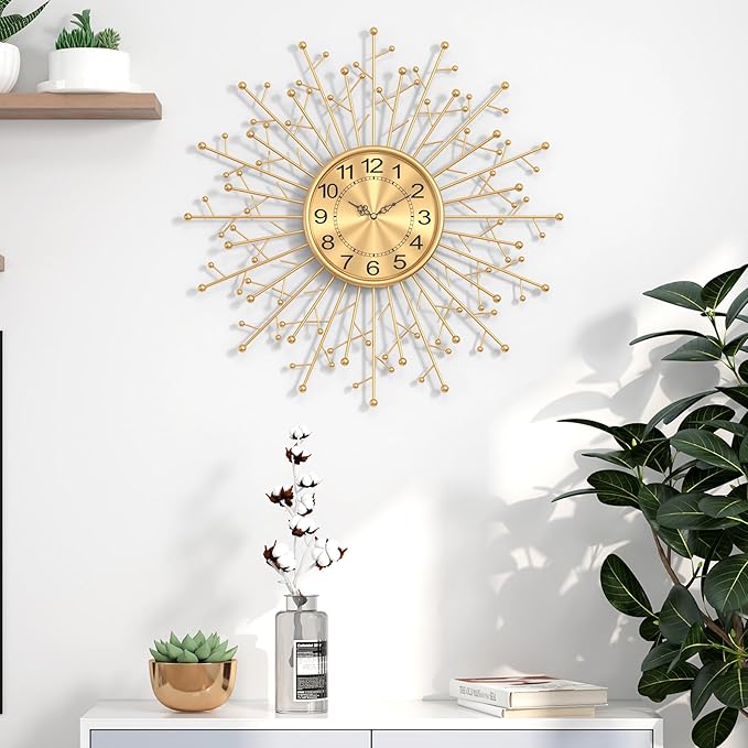 Large Modern Gold Wall Clock Decorative Mid Century Sunburst Branch Wall Clocks, Minimalism Metal Silent Clock, Luxury Home Gift Decor for Living Room, Bedroom, Dining Room, 24 inch