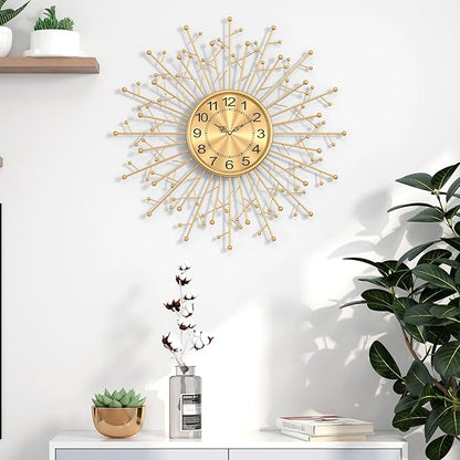 Large Modern Gold Wall Clock Decorative Mid Century Sunburst Branch Wall Clocks, Minimalism Metal Silent Clock, Luxury Home Gift Decor for Living Room, Bedroom, Dining Room, 24 inch