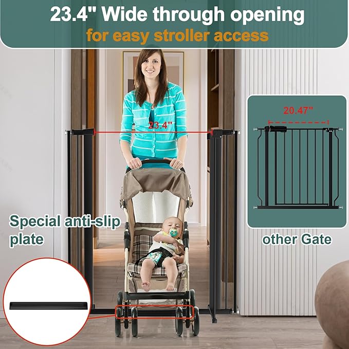 40.55" Tall 1.37" Ultra Narrow Spacing Dogs Pets Baby Gate for Doorway Safety Proof Indoor 69.48-77.36" Extra Wide Puppy Pressure Mounted No Drill Walk Through Black Metal Hallway