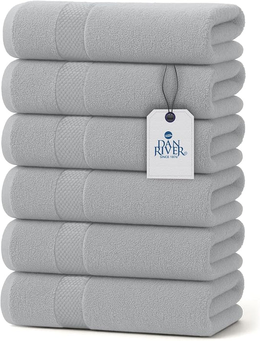 DAN RIVER 6-Pack Premium Hand Towels (16x28 Inches) - 100% Cotton, Ultra Soft, Lightweight, Highly Absorbent Towels for Bathroom, Spa, Gym, Salon, Hotel, and Travel - 550 GSM - Silver