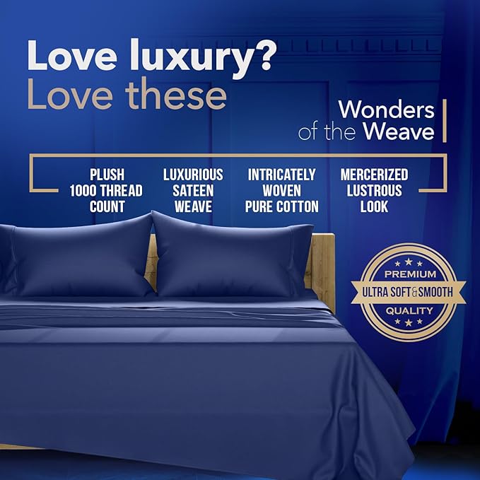 TEXAS LINEN CO. Luxury Egyptian Cotton Queen Size Sheet Set - 1000 Thread Count 4 Piece Queen Sheets, Soft, Cooling Extra Long Staple Sateen Weave Bed Sheets - Fits Upto 18” Deep Pocket - Navy Blue