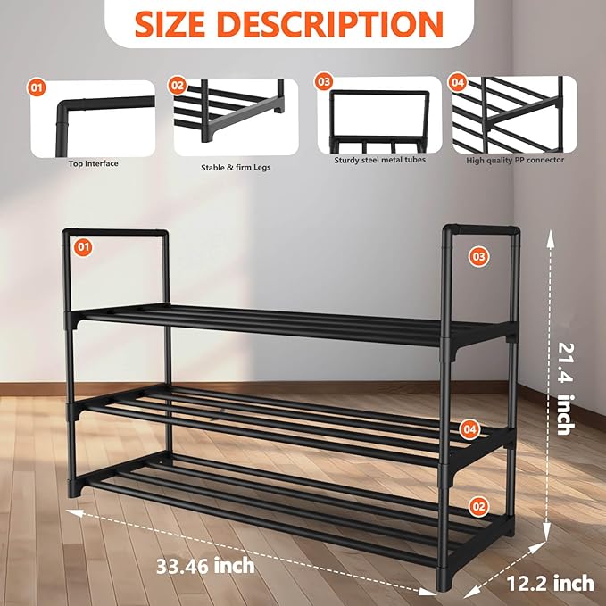 3 Tiers Metal Shoe Rack,Adjustable Shoe Shelf Storage Organizer,Stackable Boot & Shoe Storage,for Entryway,Hallway,Closet,Black