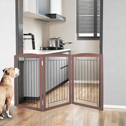 ZJSF Freestanding Foldable Dog Gate for House Extra Wide Wooden Brown Puppy Gate Stairs Dog Gates Doorways Tall Pet Gate 32 "Height 3 Panels Pet Fence