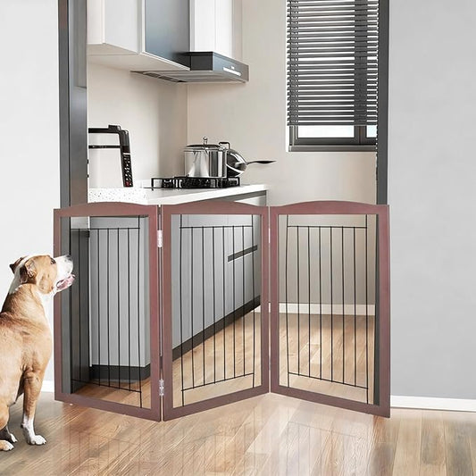 ZJSF Freestanding Foldable Dog Gate for House Extra Wide Wooden Brown Puppy Gate Stairs Dog Gates Doorways Tall Pet Gate 32 "Height 3 Panels Pet Fence