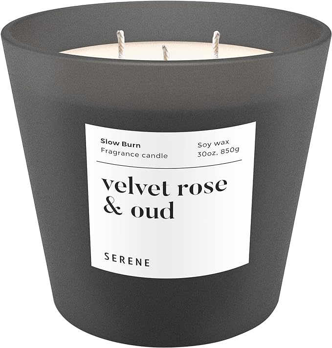Hidden Label Large Scented Candle, Velvet Rose & Oud, 30oz 3 Wick Huge Candle, Serene Collection Slow Burn Natural Soy Candles for Home Scented