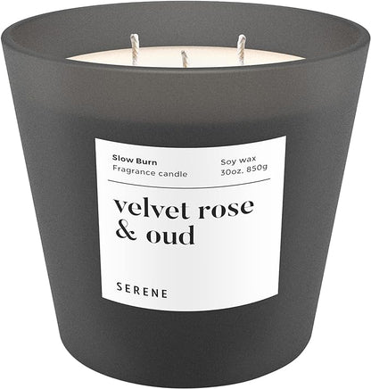 Hidden Label Large Scented Candle, Velvet Rose & Oud, 30oz 3 Wick Huge Candle, Serene Collection Slow Burn Natural Soy Candles for Home Scented