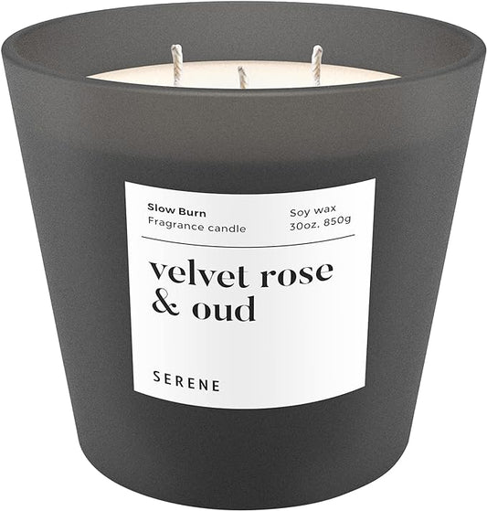 Hidden Label Large Scented Candle, Velvet Rose & Oud, 30oz 3 Wick Huge Candle, Serene Collection Slow Burn Natural Soy Candles for Home Scented