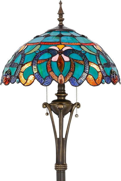 Tiffany Floor Lamp Blue Green Stained Glass Jewelry Baroque Standing Reading Light 16X16X70 Inches Antique Pole Corner Lamp Decor Bedroom Office Living Room