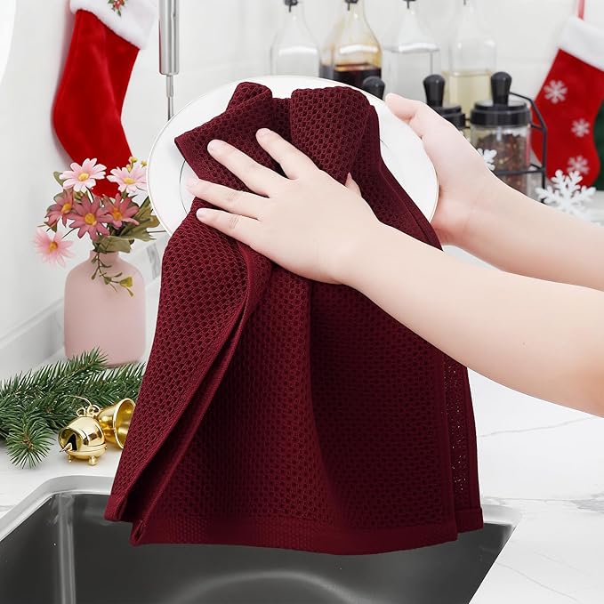 Homaxy 100% Cotton Waffle Weave Kitchen Dish Towels, Ultra Soft Absorbent Quick Drying Cleaning Towel, 13 x 28 Inches, 12-Pack, Burgundy