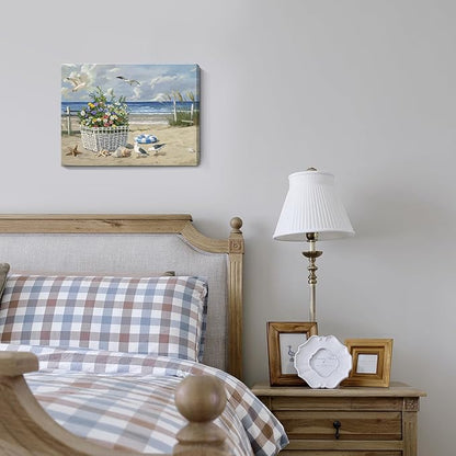 ARTZON Beach Wall Art Decor – Coastal Blue Ocean Seascape Canvas Print, Birds Seagulls Tropical Flowers Modern Landscape Picture for Bathroom or Bedroom Relaxing Summer Sea Scene Artwork 16x12 inch