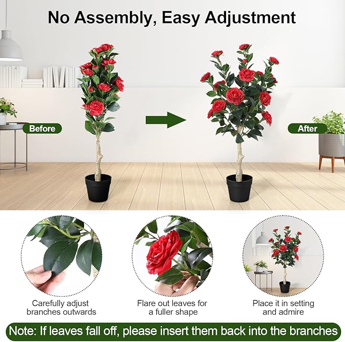 3FT Artificial Camellia Tree, 2 Pack Fake Camellia Tree Artificial Tree, Faux Floral Plants in Cement Pot, Greenery Potted Plant for Indoor Outdoor Home Office Porch Decor (Red)