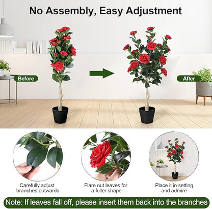 3FT Artificial Camellia Tree, 2 Pack Fake Camellia Tree Artificial Tree, Faux Floral Plants in Cement Pot, Greenery Potted Plant for Indoor Outdoor Home Office Porch Decor (Red)