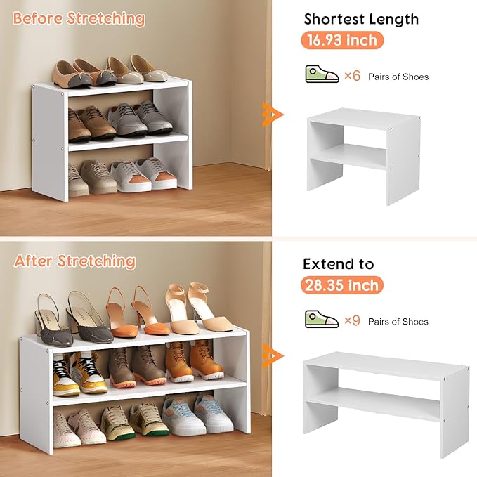 2 Pack Expandable White Shoe Rack Organizer for Closet, 2-Tier Stackable Shoe Storage Shelf, Small Iron Wood Combination Shoe Shelves for Closets,Entryway,Front Door, Narrow Space,Hallway,15-24 Pairs