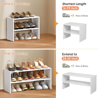 2 Pack Expandable White Shoe Rack Organizer for Closet, 2-Tier Stackable Shoe Storage Shelf, Small Iron Wood Combination Shoe Shelves for Closets,Entryway,Front Door, Narrow Space,Hallway,15-24 Pairs
