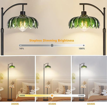 Arc Floor Lamp with Table and Shelves,Black Floor Lamp for Bedroom Glass Floor Lamps with Remote Control & 3 Color Temperature,Modern Standing Lamp Tall Flower Floor Lamps for Living Room Corner
