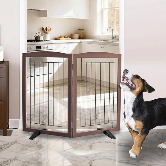 ZJSF Freestanding Dog Fence Indoor, Foldable Dog Gate for Doorways, Stairs or Hallways, Sturdy Wood Extra Wide Pet Gate with Support Feet for The House, Brown, 32 "Height-2 Panels