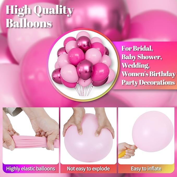 KAWKALSH Pink Balloons Metallic, 60Pcs 12Inch Hot Pink Latex Balloon and Dark Magenta Balloons for Birthday Baby Shower Princess Party Decorations