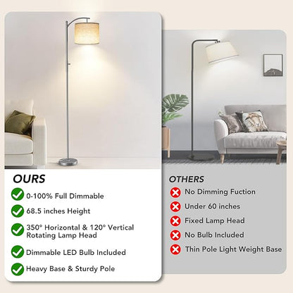 ROTTOGOON Dimmable Floor Lamp, Arc Floor Lamps for Living Room, Stepless Dimming Modern Standing Lamp with Linen Shade, Tall Lamp for Bedroom Office Dining Room- Silver