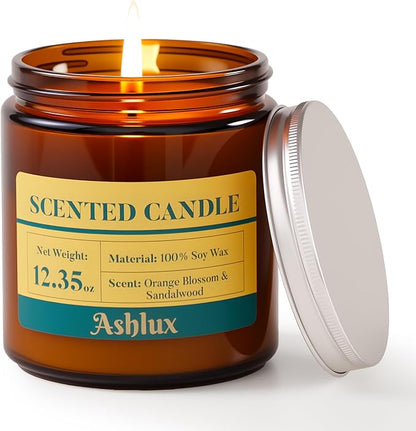 Orange Blossom and Sandalwood Candle,12.35oz Scented Candles with 8% Essential Oils,70 Hour Burn Time Soy Wax Candles for Home Decor,Reading,Jar Candle Gifts for Women and Men
