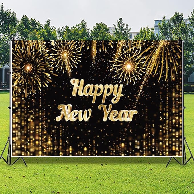 Leowefowa 10x6.5ft Happy New Year Backdrop Black and Gold 2025 New Year Party Background for Party Gold Firework Glitter Light Spots Festival Eve Party Banner Decor Photography Supplies Prop