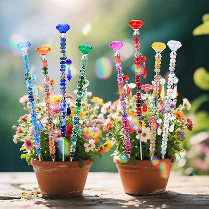 DIY Fairy Wand Garden Stake Beads Kits with Rainbow Colorful Assortment Large Hole Beads, Beaded Garden Stakes kit with Crystal Diamond Top (238Pcs Rainbow+Diamond)