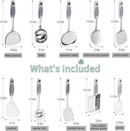 10PCS Cooking Utensils Set, Stainless Steel Utensils Set Non Slip Handle Heat Resistant Kitchen Cooking Tools Durable Metal Utensil Spatula, Spoon, Whisk, Ladle, Pasta Fork
