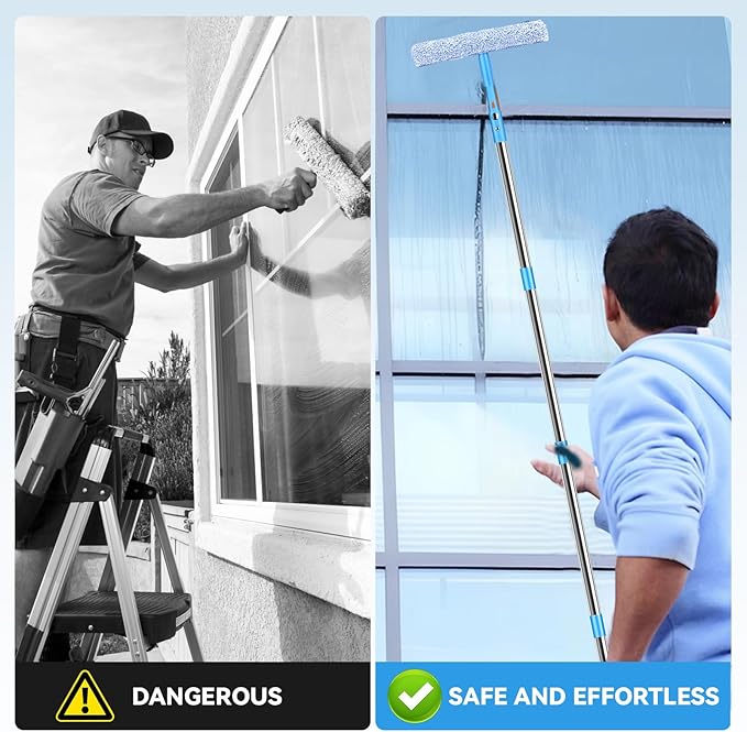 10Ft Window Washing Kit with Extension Pole(Thickened), Window Cleaning Kit with 14" Squeegee & 15" Scrubber (2 Brush Covers), Window Cleaner Tool Washing Equipment for Outdoor High Windows Glass