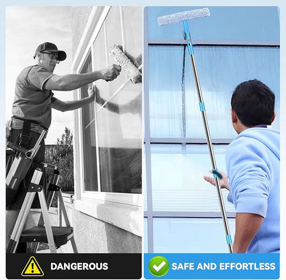 10Ft Window Washing Kit with Extension Pole(Thickened), Window Cleaning Kit with 14" Squeegee & 15" Scrubber (2 Brush Covers), Window Cleaner Tool Washing Equipment for Outdoor High Windows Glass