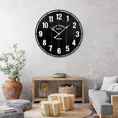 Farmhouse Black 30 Inch Wooden Large Wall Clock, Silent Non-Ticking Quartz Movement, Battery Operated Modern Rustic Clock for Living Room, Kitchen, Office, Home Decor