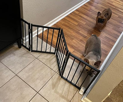Free Standing Foldable Dog Gate, 16.5" High Step-Over Metal Short Pet Gate, Up to 48" Wide Puppy Fence for Stairs and Doorways, Indoor & Outdoor Use, No Drilling and No Assembly, Black