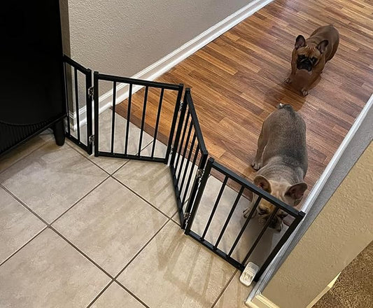 Free Standing Foldable Dog Gate, 16.5" High Step-Over Metal Short Pet Gate, Up to 48" Wide Puppy Fence for Stairs and Doorways, Indoor & Outdoor Use, No Drilling and No Assembly, Black