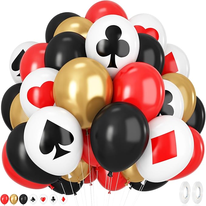 Poker Balloons, Casino Theme Party Balloons, 12 Inches 50 Pcs Red Black and White Balloons Poker Card Latex Balloon for Casino Night Poker Las Vegas Game Night Casino Party Decor