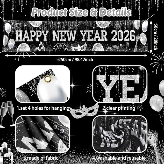 New Years Eve Banner for 2026, Silver and Black Happy New Year 2026 Backdrop Great New Year Decorations for Outdoor Indoor Home Wall 118x19.69inch