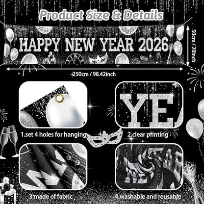 New Years Eve Banner for 2026, Silver and Black Happy New Year 2026 Backdrop Great New Year Decorations for Outdoor Indoor Home Wall 118x19.69inch