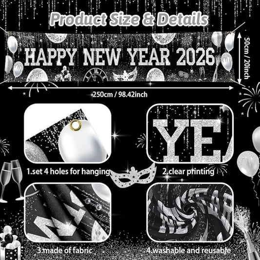 New Years Eve Banner for 2026, Silver and Black Happy New Year 2026 Backdrop Great New Year Decorations for Outdoor Indoor Home Wall 118x19.69inch