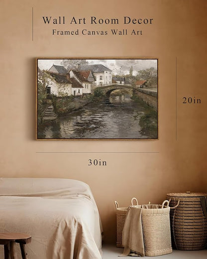 InSimSea Framed Canvas Wall Art Vintage Decor, Riverside Small Town Large Canvas Prints Home Decor, Rustic Farmhouse Hanging Wall Decor for Bedroom Living Room, 20"x30"