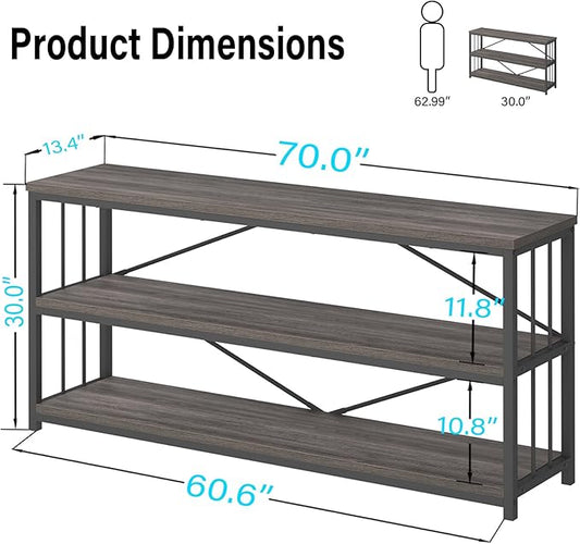 LVB 3-Tier Rustic Console Table, Extra Long Entryway Table with Storage, Industrial Skinny Wood Metal Sofa Table with Shelf, Modern Narrow Hallway Table for Foyer Living Room Bedroom, Dark Gray, 70 In