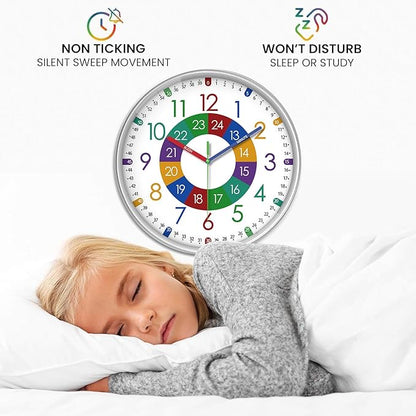 XFM Large Learning Clock for Kids Silent Non Ticking Battery Operated Colorful Teaching Time Clock 16 Inch Decorative Analog Clock for Kids Room Classroom School Playroom
