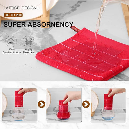 Mordimy 100% Cotton Terry Cloth Dish Cloths, Soft and Absorbent Checkered Dish Towels, Quick Drying Dish Rags for Washing Dishes, 12 Pack, 12 x 12 Inches, Red