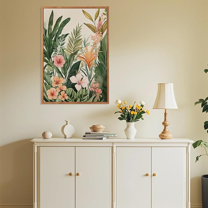 HLNIUC Boho Tropical Leaves Framed Canvas Wall Art,Abstract Flower Wall Decor Set of 3(24”x36”)Modern Green Plant Banana Leaf Art Print,Tropical Botanical Jungle Painting for Living Room Bedroom Office