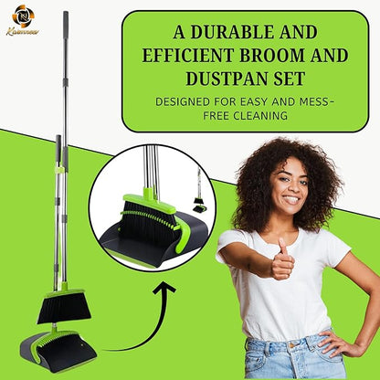 Standing Broom and Dustpan Set, Built-in Scraper Teeth, No-Slip Grip, Dust Collection Tray for Home, Office, Lobby, and Outdoor, Adjustable Handle from 38.18" to 52" (Black & Green)