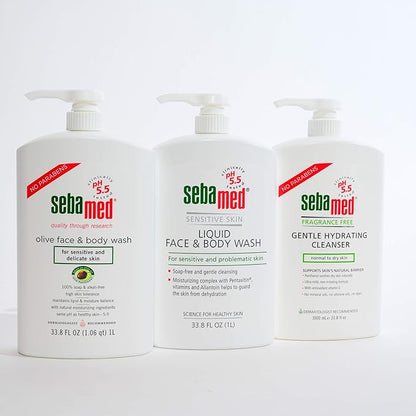 SEBAMED Paraben-Free Face and Body Wash With Pump for Sensitive and Delicate Skin pH 5.5 Ultra Mild Dermatologist Recommended Cleanser 33.8 Fluid Ounces (1 Liter) Pack of 3