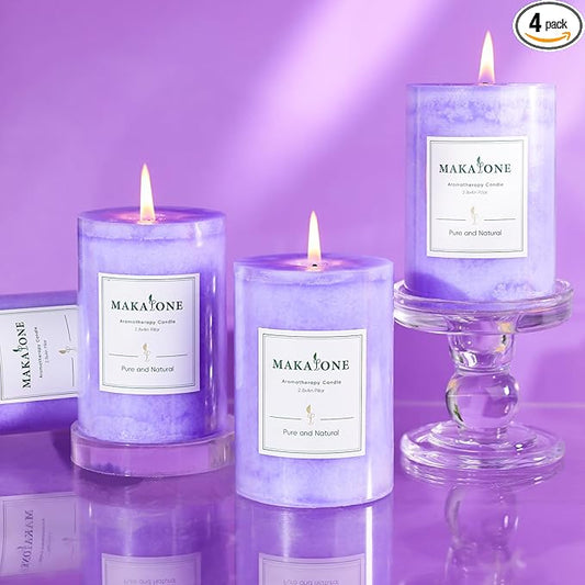 4 Pcs Purple Lavender Scented Pillar Candles, 60 H Long Burning, Natural Essential Oils,2.8x4in Non-Toxic & Smokeless,Calming Aromatherapy for Bedroom Sleep Aid/Bath SPA/Office Stress Relief