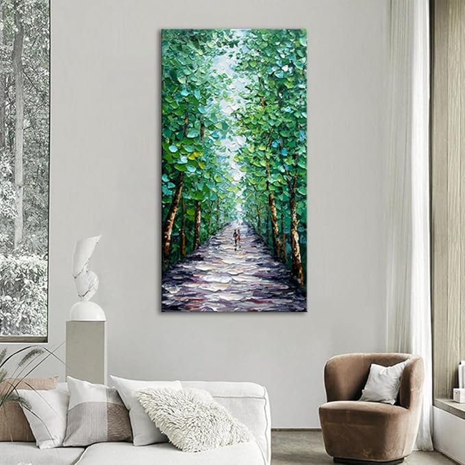 Alenoss Hand Painted Canvas Wall Art, Large Midsummer Forest Landscape Painting, Abstract Oil Painting on Canvas, 24x48 inches, Green, Vertical Wall Art for Living Room, Bedroom