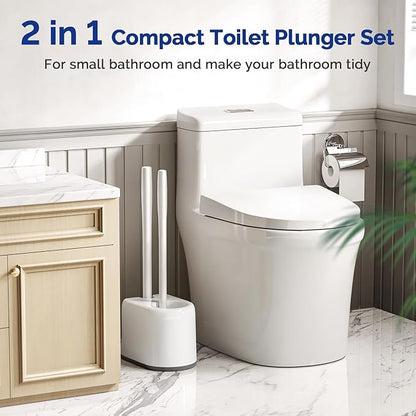 HAMITOR Toilet Plunger and Brush Set for Bathroom Cleaning with Extented Handle - Heavy Duty Toilet Plunger Combo Accessories with Caddy Stand Holder for Small Space - White,2 Sets