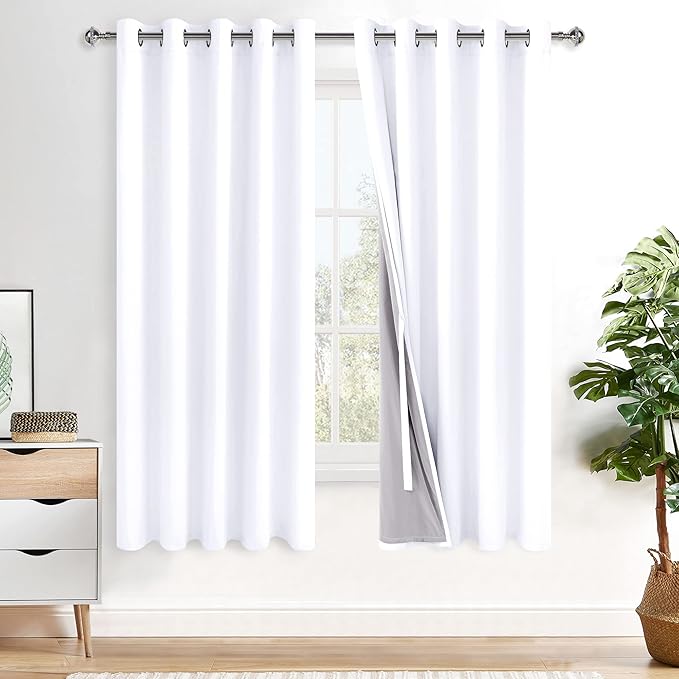 XWZO 100% Blackout Curtains 63 Inches Long - Noise Reducing & Energy Efficiency Extra Wide Window Draperies Grommet Top with Black Liner for Bedroom/Living Room, White, W60 x L63, Set of 2