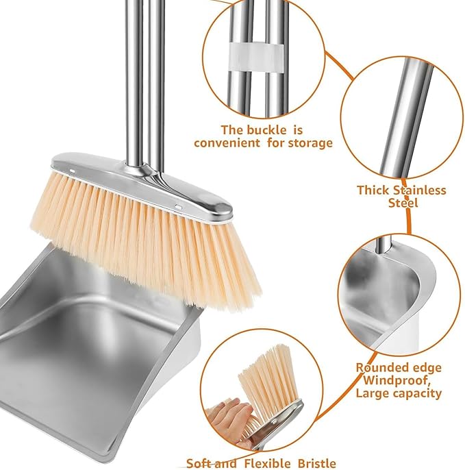 Stainless Steel Broom and Dustpan Set, Long Handle Floor Cleaning Tool & Home Cleaning Equipment, Heavy Duty Sweep Accessory for Living Room Bedroom Study Apartment Garage Bathroom Restaurant Office