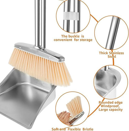 Stainless Steel Broom and Dustpan Set, Long Handle Floor Cleaning Tool & Home Cleaning Equipment, Heavy Duty Sweep Accessory for Living Room Bedroom Study Apartment Garage Bathroom Restaurant Office